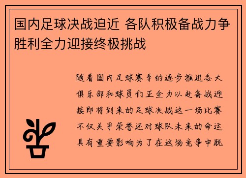 国内足球决战迫近 各队积极备战力争胜利全力迎接终极挑战