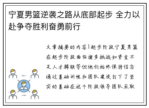 宁夏男篮逆袭之路从底部起步 全力以赴争夺胜利奋勇前行