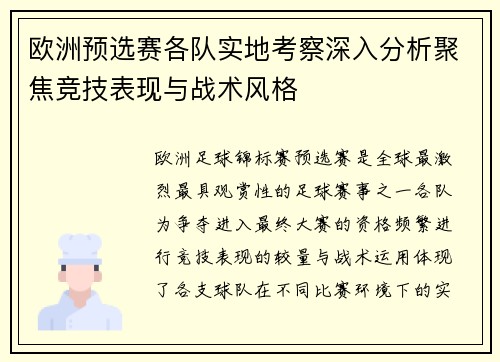 欧洲预选赛各队实地考察深入分析聚焦竞技表现与战术风格