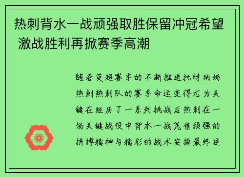 热刺背水一战顽强取胜保留冲冠希望 激战胜利再掀赛季高潮