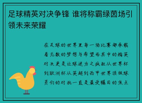 足球精英对决争锋 谁将称霸绿茵场引领未来荣耀