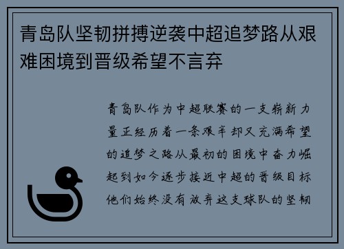 青岛队坚韧拼搏逆袭中超追梦路从艰难困境到晋级希望不言弃